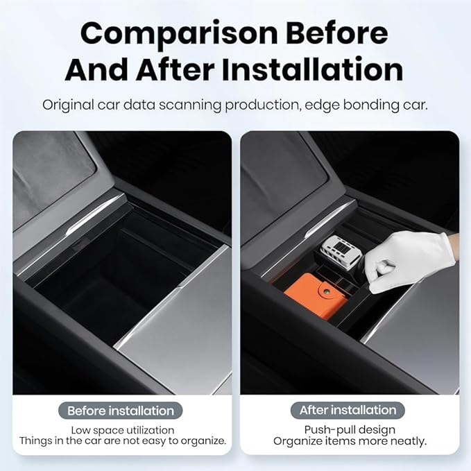 GGCLIMAX Car Organizer Center Console Hidden Storage Box Compatible with Tesla Model 3 Highland 2024 Compatible with Model Y Juniper 2025 Front and Rear Armrest Organizer With Push-Pull Design(3PCS)
