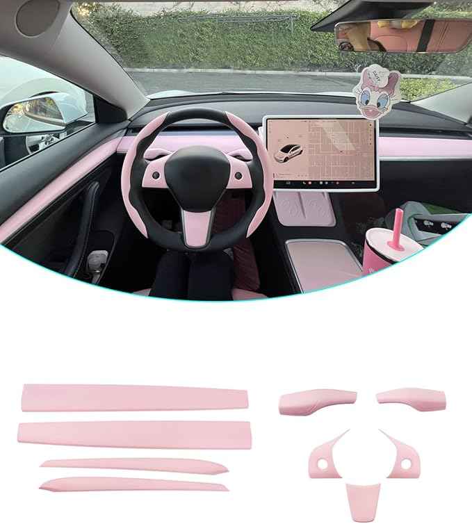 Pink Dashboard Cover and Front Door Cover Compatible with Tesla Model 3(2021-2023) and Model y(2019-2023 (Pink 9 Sets)