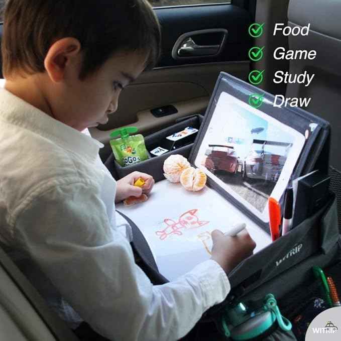 Kids Travel Tray with Dry Erase Board - Car Seat Tray for Kids Travel, Carseat Table Top for Toddler, Lap Desk for Car Seat, Activity Organizer & Snack Holder, Road Trip Essentials for Kid (Pink)