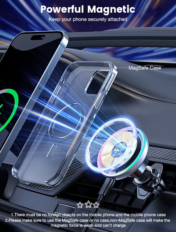 for Magsafe Car Mount Charger 15W LED RGB Car Phone Holder for Dash Vent