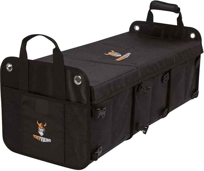 Tuff Viking Convertible Large 3 Compartment SUV Trunk Organizer | Truck Bed Organizer with Cover for Trucks, Cars, SUVs and Groceries. PATENTED (4-in-1 with Cover, Black)