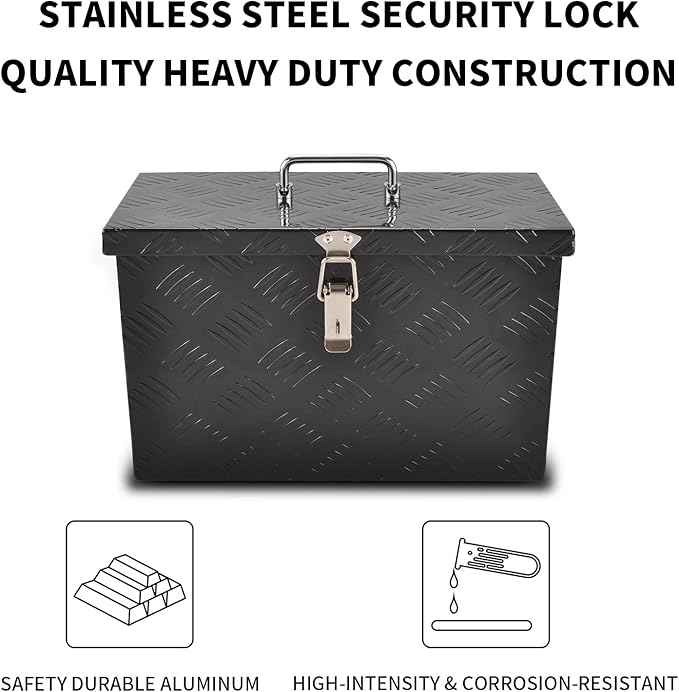 16 Inch Black Aluminum Tool Box 5 Bar Tread ToolBox for Truck Bed Car Outdoor Trailer Pickup Underbody RV ATV Storage Underbed Tools Organizer with Top Side Handle and Lock (16"X7.5"X10")