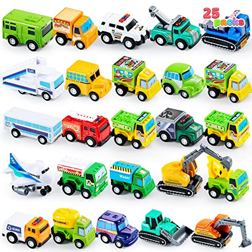 25 Pieces Pull Back Cars and Trucks Toy Vehicles Set for Kids