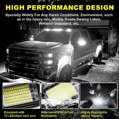 4Pods Pure White 72 LEDs SMD Chips 72w High Power Rock Lights Super Bright White Offroad Car Boat Underglow Lights IP68 Waterproof for Truck SUV UTV ATV RZR