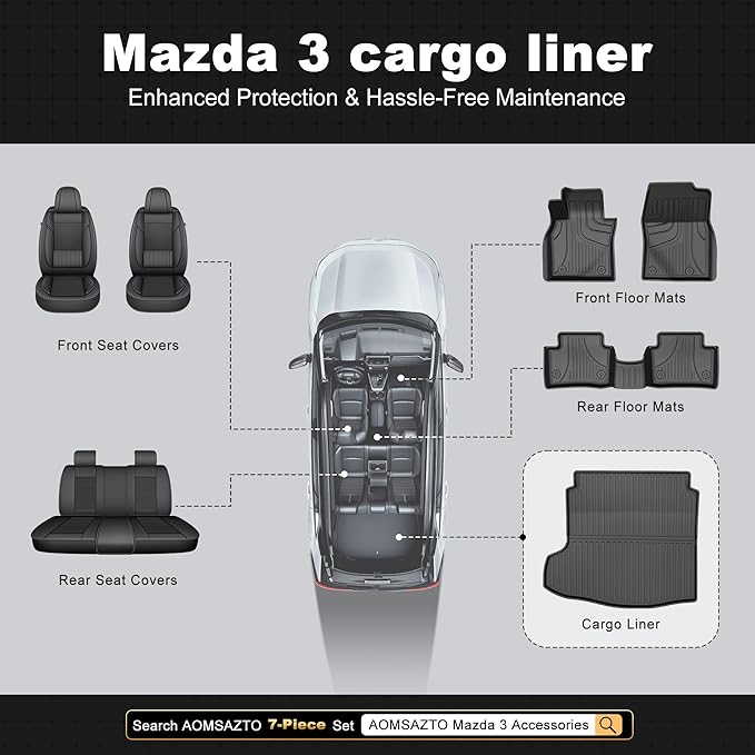 AOMSAZTO Premium Cargo Liner for Mazda 3 Sedan 2019-2025 2026 Custom Fit Car Trunk Mat All-Weather Black Cargo Mat