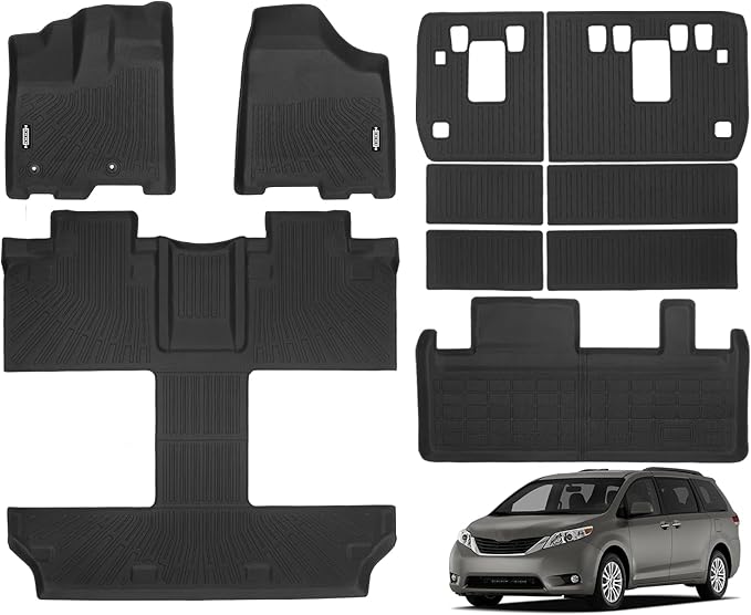 Custom Fit Floor Mats for Toyota Sienna 2011-2012 7 Seats, All Weather TPE Floor Liners with Trunk Mat & Backrest Protectors, Odorless Full Set Interior Accessories