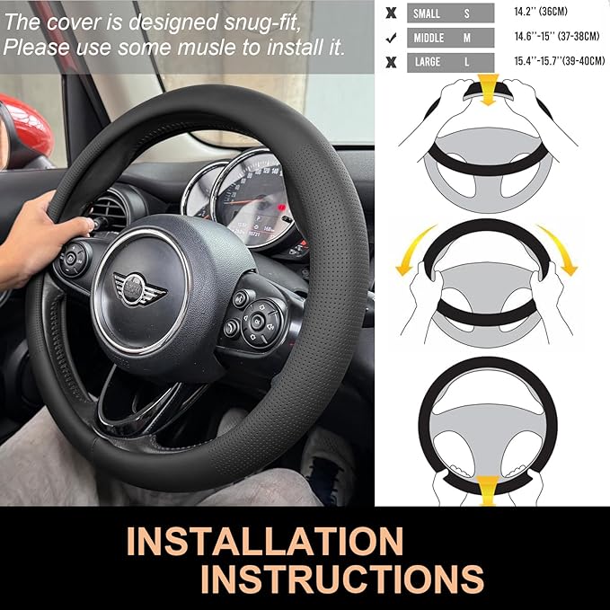 PINCTROT Nappa Leather Steering Wheel Cover, Slim Fit No Bulk Design, One Piece Leather with Breathable Perforation, Fit Like Gloves, Universal 14.5-15 Inch(Nappa Black)