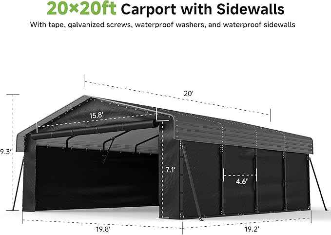20x20FT Heavy Duty Metal Carport,Outdoor Garage with Removable Sidewalls & Doors, Heavy Duty Steel Frame and Galvanized Roof for Cars and Boats, Gray