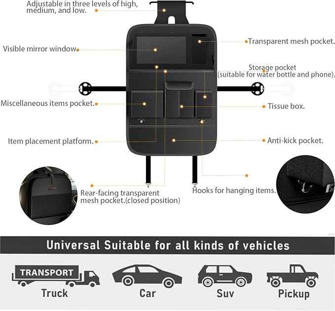 Car Seat Organizers,Multi-functional Back Seat Protectors, Storage Pouches, and Tray Holders (for Cars, Kids, Seat Back and Rear Seats) (Plain Black, 2 Pcs)