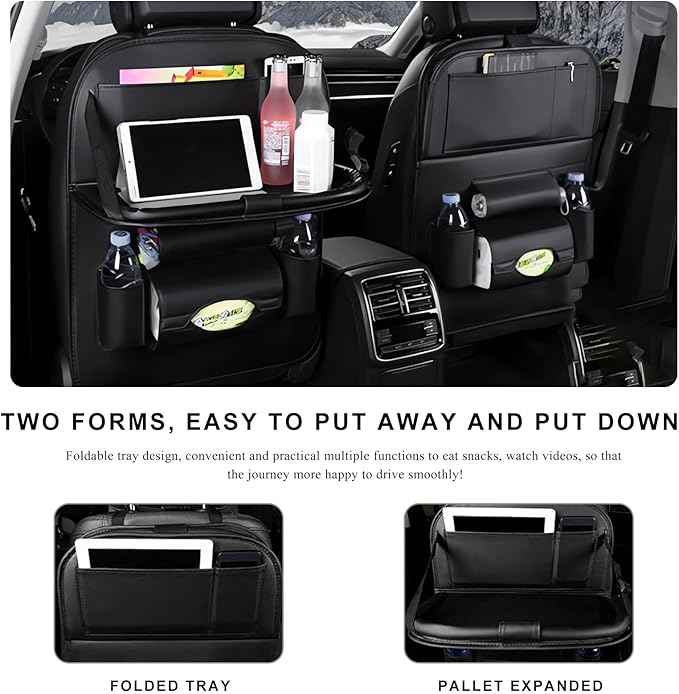 2PCS Car Backseat Organizer, Leather Multi-Pocket Seat Back Protector with Foldable Table Tray, Multifunctional Vehicle Storage Organizer Kick Mat for Kids Toddler Travel (Black)