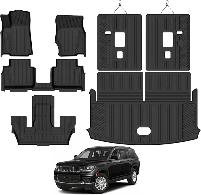 Custom Fit Floor Mats for Jeep Grand Cherokee L 6 Seats/Captain Seat 2021-2026(Without Center Console), All Weather TPE Floor Liners & Trunk Mat & Backrest Protectors, Full Set Accessories