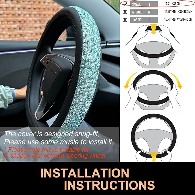 PINCTROT Bling Comfy Steering Wheel Cover for Tesla Model Y/3 Highland/Juniper, D Shaped 14 Inch Small Sized with Jumbo Crystal Rhinestones, Flat Bottom with Anti-Slip Diamond Leather (Sky Blue)