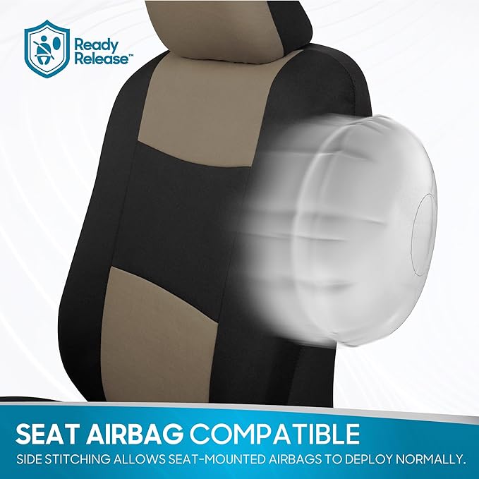 BDK PolyPro Beige Car Seat Covers Full Set with 4-Piece Car Floor Mats - Two-Tone Seat Covers for Cars with Carpet, Interior Covers for Auto Truck Van SUV