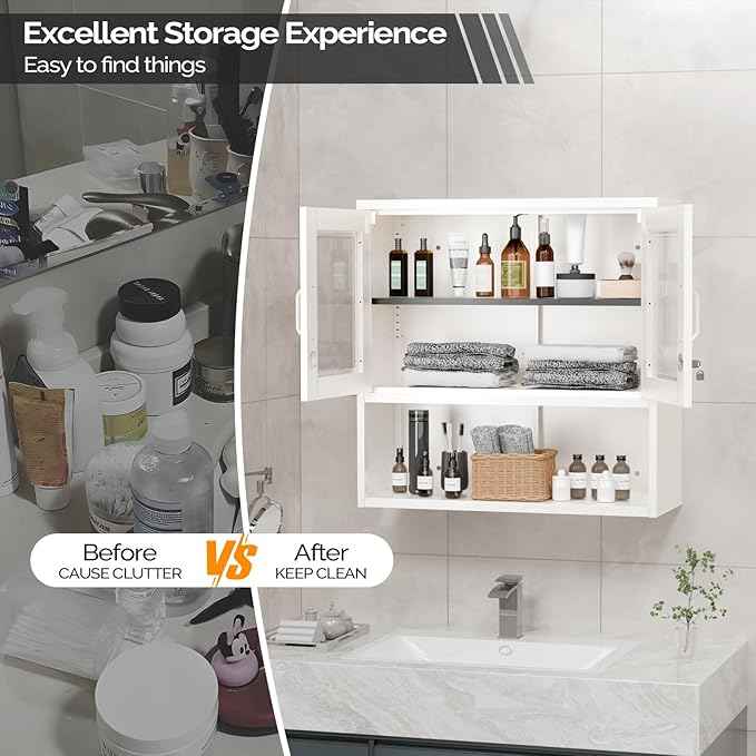 VINGLI Metal Wall Cabinet with Locking Glass Doors & Magnetic LED Sensor Light, Adjustable Shelf, Wall Mounted Storage Display Cabinets for Garage, Kitchen, Home Office, Warehouse, Living Room, White
