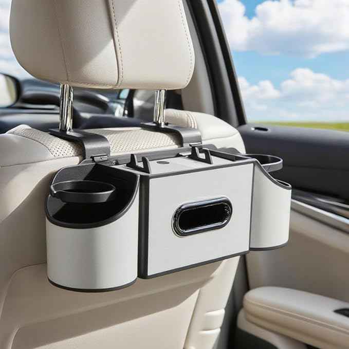 Back Seat Car Organizer,4 in 1 Multifunctional Car Back Seat Storage Box with Drink Cup Holder Tissue Box, for Hold Phone,Snacks, Drinks, Handbag-White