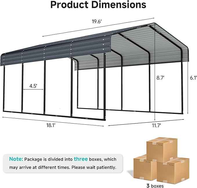 12x20 FT Metal Carport with Reinforced Base, Outdoor Heavy Duty Garage Car Shelter with Galvanized Steel Frame for Pickup, Boat, Car and Tractors, Party, Dark Gray