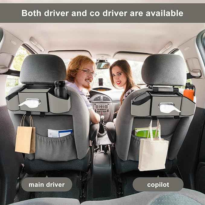 7-In-1 Car Seat Back Organizer with Cup Holders, Tissue Box, Garbage Can&Hooks, Multifunctional Headrest Storage Organizer, Headrest Cup Holder for Backseat, Car Accessories for Trips, Travels(Gray)