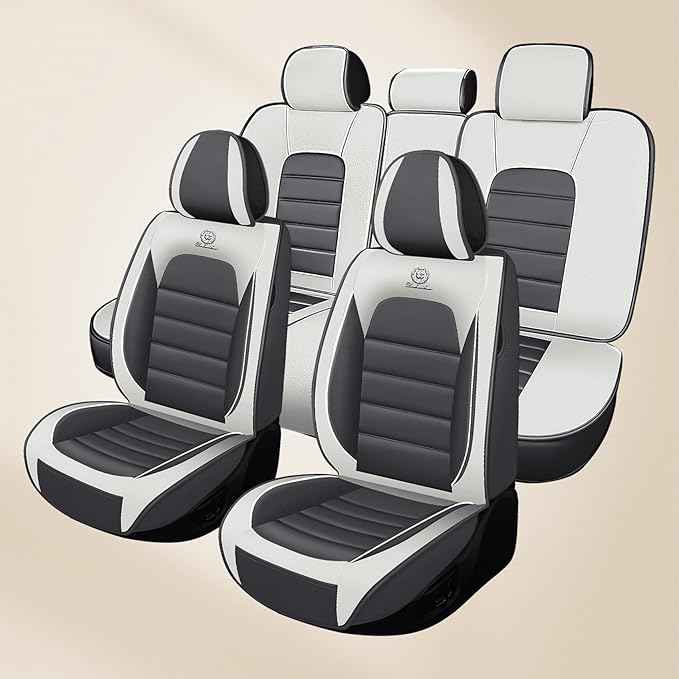 Car Seat Cover Fit for Nissan Frontier 2005-2026 Waterproof Seat Covers,Nappa Faux Leather Breathable and Comfortable,Car Seat Protector Car Interior Accessories (Full Set) Grey&White