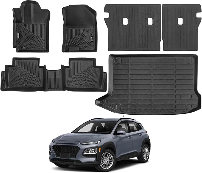 Custom Fit Floor Mats for Hyundai Kona 2018-2023 (No for EV), All Weather TPE Floor Liners with Trunk Mat & Backrest Protectors, Odorless Full Set Interior Accessories