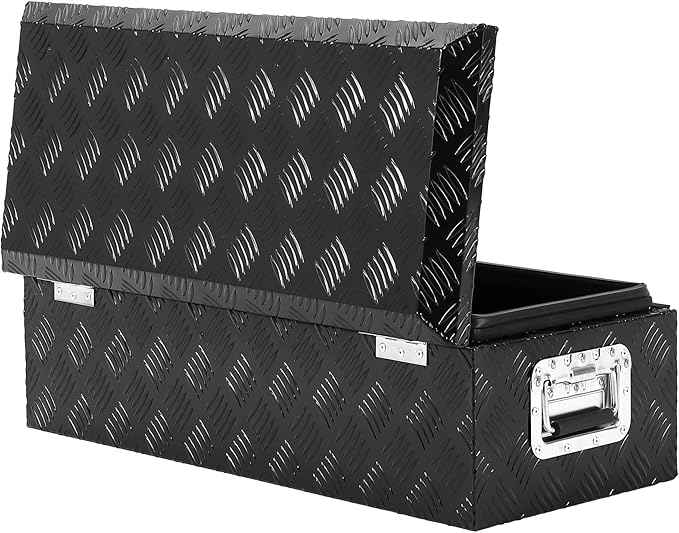 48x15 Inch Heavy Duty Aluminum Truck Tool Box, Waterproof Pickup Bed Storage Organizer with Lock & Keys, Side Handle, Stripes Plate Design for RV Trailer and Truck - Black