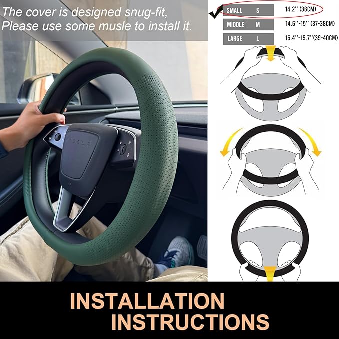 PINCTROT Nappa Leather Steering Wheel Cover for Tesla Model Y/3 Highland/Juniper, D Shaped 14 Inch Small Sized with Breathable Perforation, Fit Like Gloves, Flat Bottom 14 Inch(Nappa Green)