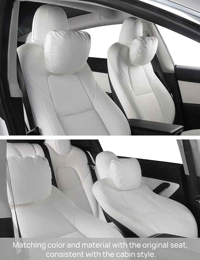 TPARTS Leather Headrest Neck Pillow for Tesla Model Y/X/3/S (Includes Model Y Juniper 2026 2025 & Model 3 Highland 2024-2026) Interior Accessories Car Neck Pillow for Traveling (Set of 2 White)