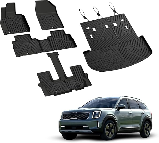 LASFIT Floor Mats & Backrest Mats & Cargo Mat for Kia Telluride 2025 2024 2023 2022 2021 2020, All Weather TPE Custom Fit Floor Liners with Full Set Car Mats & Trunk Mats Accessories, Black