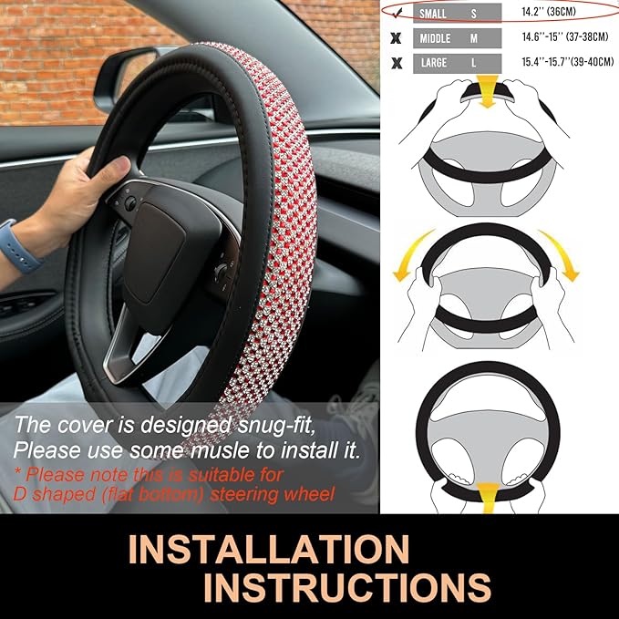 PINCTROT Bling Comfy Steering Wheel Cover for Tesla Model Y/3 Highland/Juniper, D Shaped 14 Inch Small Sized with Jumbo Crystal Rhinestones, Flat Bottom with Anti-Slip Diamond Leather (Red)