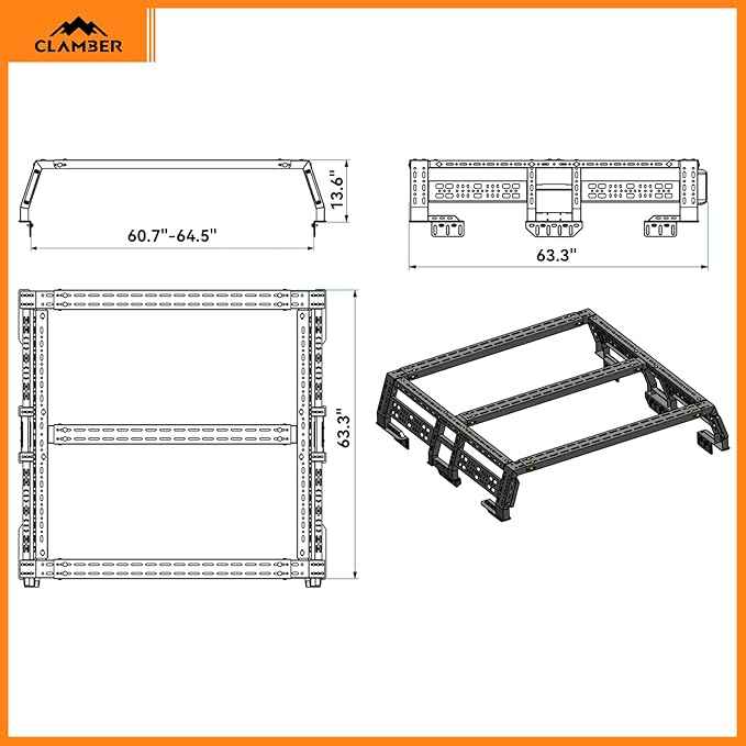CLAMBER Overland Bed Rack for Full-Size Pickup with/Without Bed Rails | Adjustable Width Compatible with Ford F-Series, Silverado, Sierra, Ram, Titan & XD, Tundra(See Image for Size Chart)