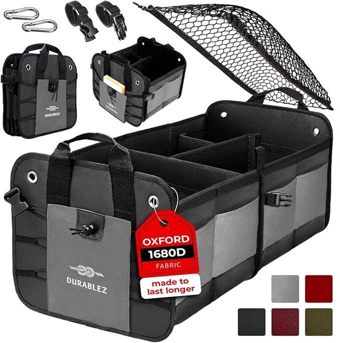 Compact Car Trunk Organizer 2-Section – Grocery, Tools, Cleaning Supplies Storage – Foldable Dual-Compartment Cargo Bin with Cover Net – Gray