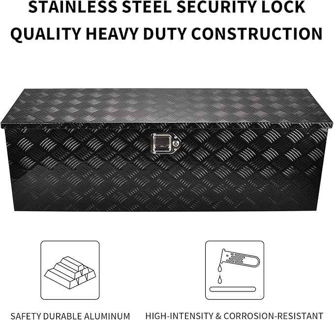48 Inch Black Aluminum Tool Box 5 Bar Tread ToolBox for Truck Bed Car Outdoor Trailer Pickup Underbody RV ATV Storage Underbed Tools Organizer with Lock and Keys (48"X15"X15")