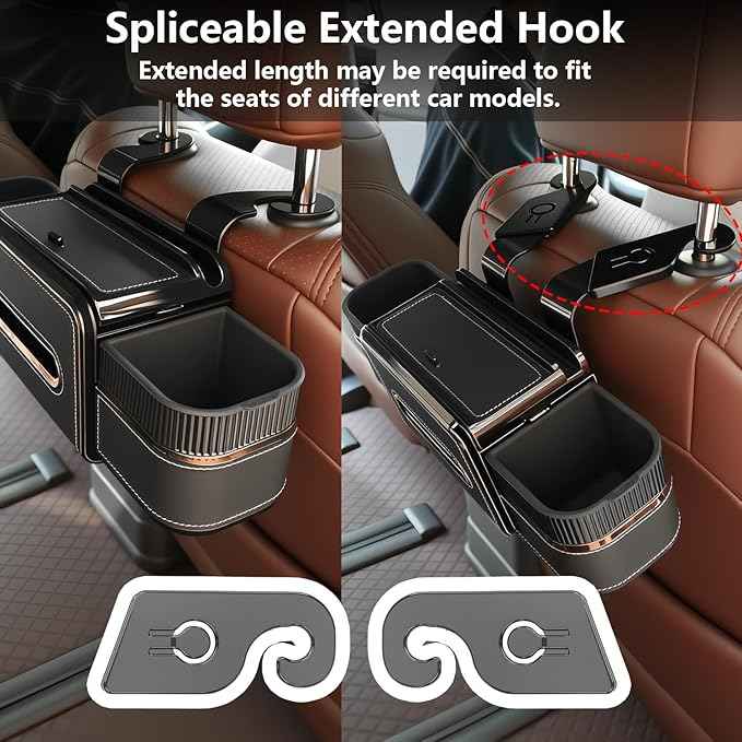 Rear Seat Cup Holder Back Seat Car Organizer 6 in 1 Multifunctional Car Back Seat Storage Box with Drink Cup Holder Tissue Box for Car Phone Holder Snacks Drinks Handbag Makeup Mirror Black