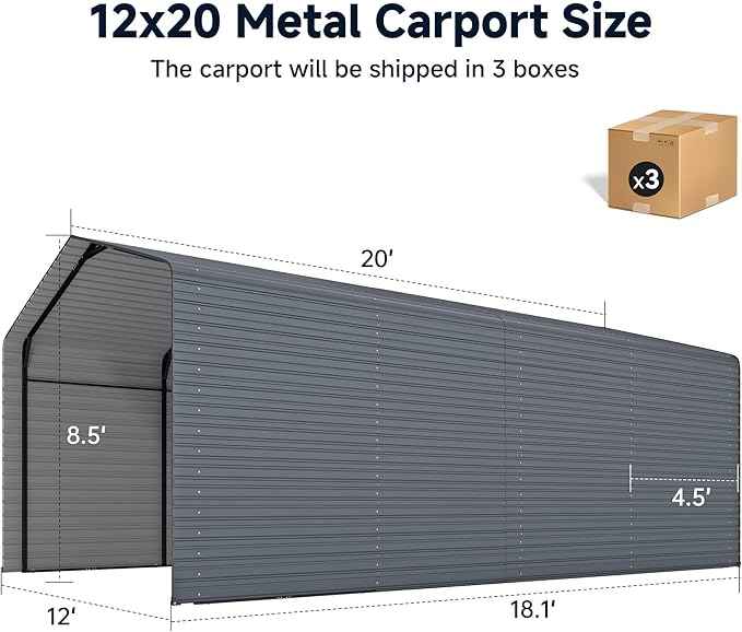 12x20FT Heavy Duty Metal Carport,Outdoor Garage with Metal Side Panels, Enclosed Car Ports with Heavy Duty Steel Frame and Galvanized Roof for Cars and Boats, Equipment Storage,Tools, Gray