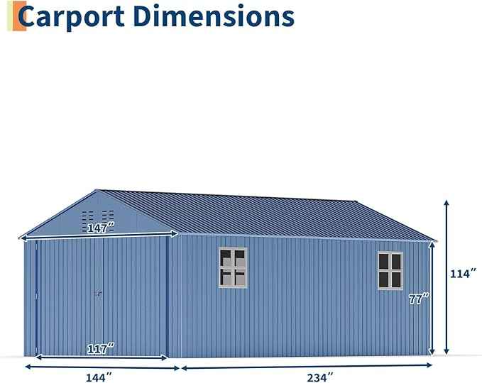 GarveeLife 12x20 ft Metal Carport, Enclosed Car Port with Reinforced Frame and Steel Roof for All-Weather Use, Metal Garage Shed for Full-Sized Pickup Trucks