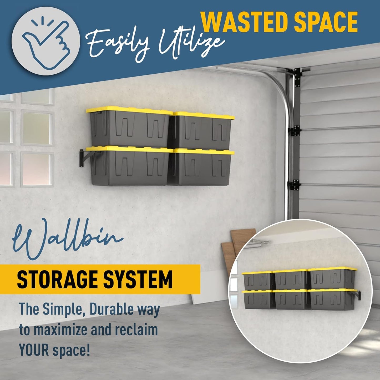 Koova Wall Mounted Tote Rack Storage System, Fits 27-Gallon Black and Yellow Commander Style Bins, Wall Mount Bracket Shelves for Garage Organization, Heavy Duty Steel, Made in USA (3-Piece Set)