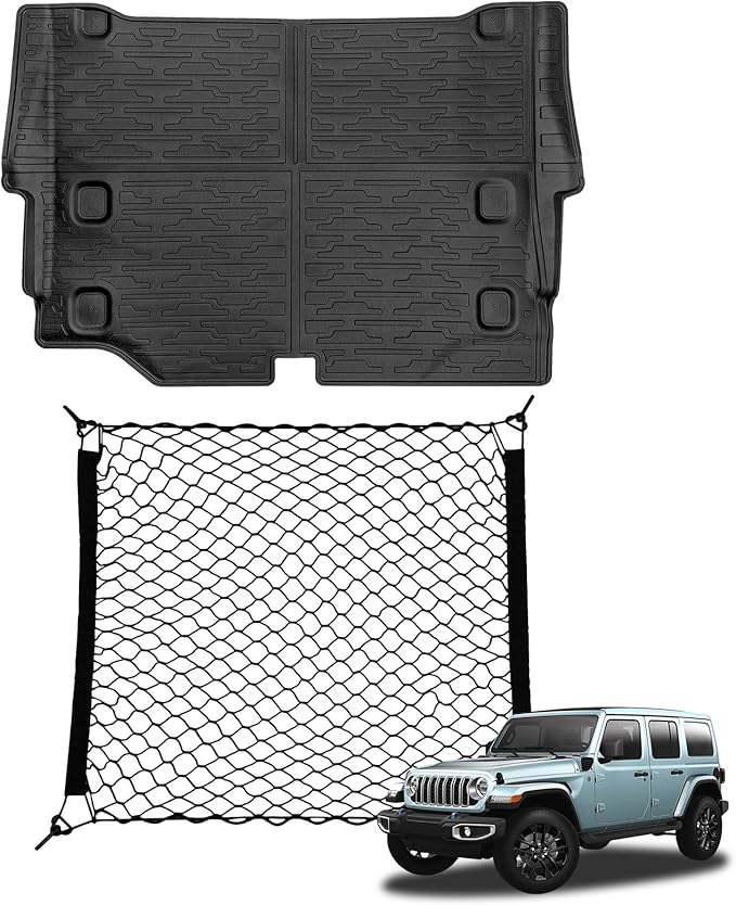 Trunk Mat with Net for 2021-2025 Jeep Wrangler JL Unlimited 4XE Accessories All Weather Protection Rear Trunk Liner Cargo Net for 21-25 JL JLU 4XE 4 Door(Not for 4X4)
