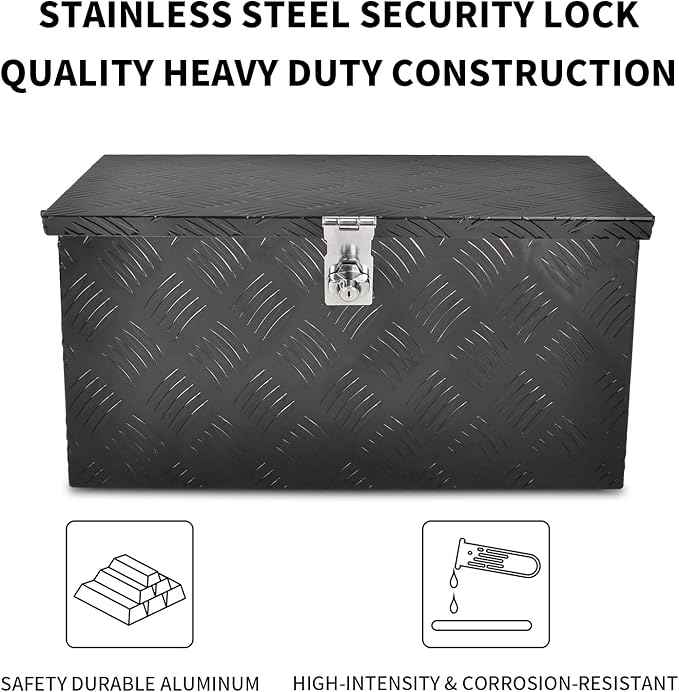 20 Inch Black Aluminum Tool Box 5 Bar Tread Flatbox for Truck Car Outdoor Trailer Pickup Underbody RV ATV Storage Tools Organizer with Lock Side Handle and Keys (20"X12"X9.5")