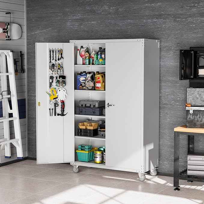 VINGLI Upgraded Wide & Deep Garage Storage Cabinet, Metal Storage Cabinet with Pegboards, Wheels, Locking Doors and Adjustable Shelves (Gray, 43''W x 20''D x 72''H)