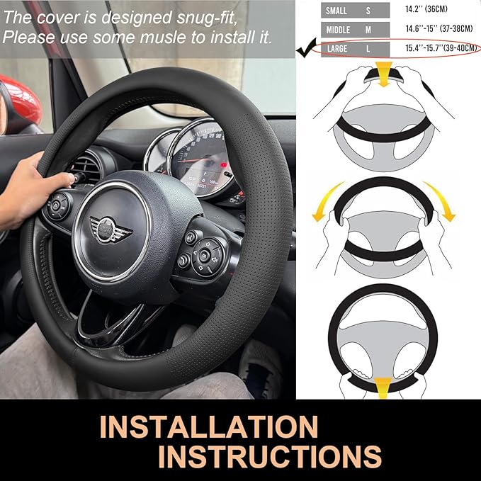 PINCTROT Large Size Nappa Leather Steering Wheel Cover, Slim Fit No Bulk Design, One Piece Leather with Breathable Perforation, Fit Like Gloves, 15.5-15.75 Inch(Nappa Black)
