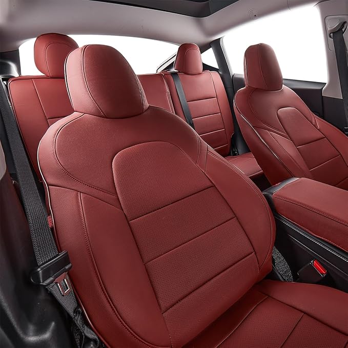EKR Model Y Seat Covers for Tesla Model Y 2021 2022 2023 2024 Long Range (Only for 7 Seats),Waterproof Seat Protectors,Car Seat Cover Full Set,Faux Leather (Burgundy)