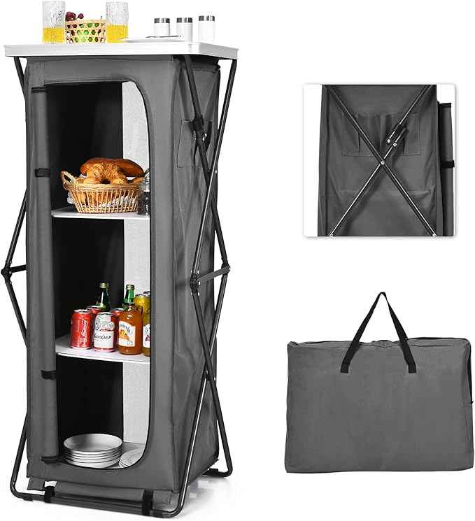 Goplus Folding Camping Storage Cabinet, Pop Up Outdoor Camping Kitchen Station with Large 3-Tier Storage Organizer, Carry Bag, Easy Set Up Portable Compact Camping Table for BBQ Picnic Backyard (55'')