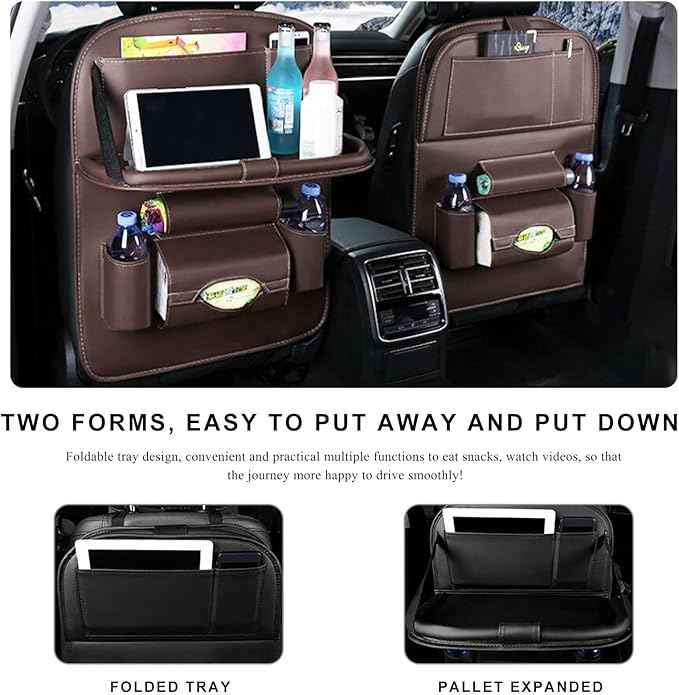 2PCS Car Backseat Organizer, Leather Multi-Pocket Seat Back Protector with Foldable Table Tray, Multifunctional Vehicle Storage Organizer Kick Mat for Kids Toddler Travel (Coffee)