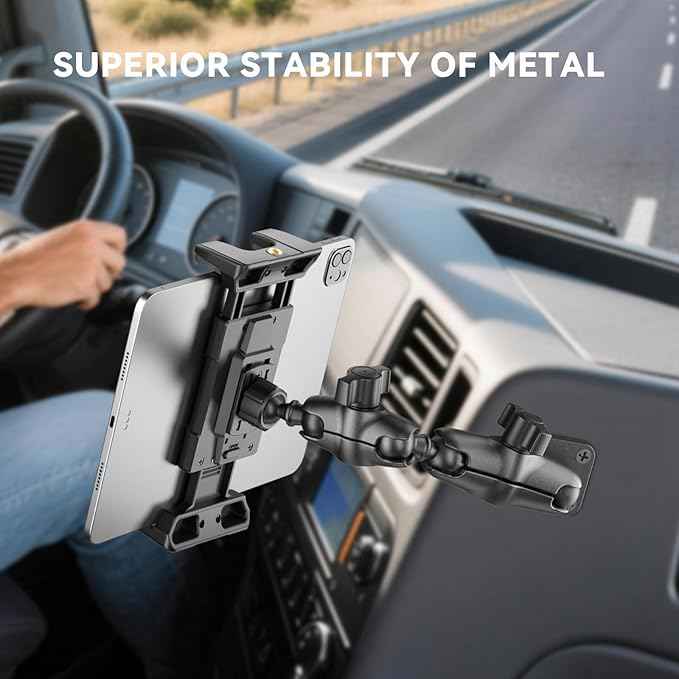 OHLPRO Tablet Mount for Truck - Dual Folding Aluminum Arm, Heavy-Duty Drill Base Car Tablet Holder for iPad & 5"-13" Tablets and Phones, Universal Dashboard Wall Desktop Business Mount