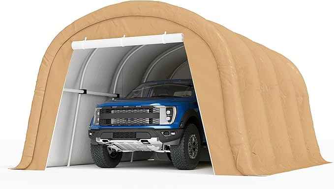COSIEST 13'×20' Storage Shelter Outdoor Round Carport, Heavy-Duty Garage Canopy with Dual Roll-Up Doors Weatherproof PE Cover, Multi-Purpose Vehicle/Tractor Shed for Backyard/Driveway/Farm(Beige)