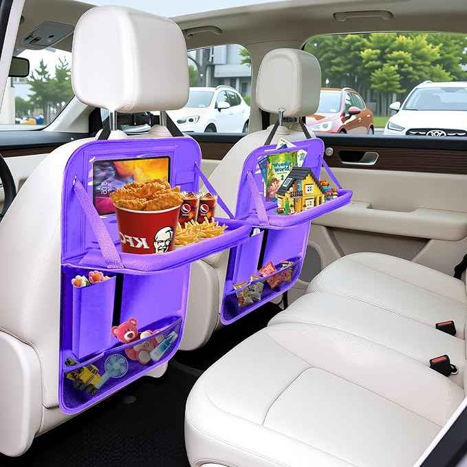 2Pack Car Backseat Organizer with Foldable Table Tray,6 Storage Pockets Car Storage Organizer with Tablet Holder,Car Seat Back Protectors Kick Mats Travel Accessories (Purple)