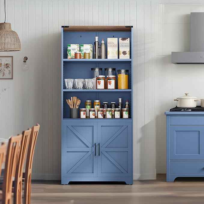 VINGLI Blue Bookcase with Doors and Adjustable Shelves, Steel 70" Tall Bookshelf Display Cabinet, 6-Tier Tall Farmhouse Metal Storage Cabinet for Study, Living Room, Home Office, Kitchen Pantry