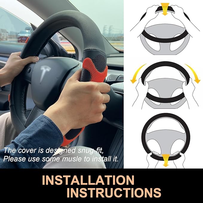 PINCTROT Comfy Grip Steering Wheel Cover for Tesla Model Y/3 2016-2025 2026 Standard/Highland/Juniper, D Shaped 14 Inch Small Sized, Flat Bottom with 3D Honeycomb Anti-Slip Design (Comfy Grip Orange)
