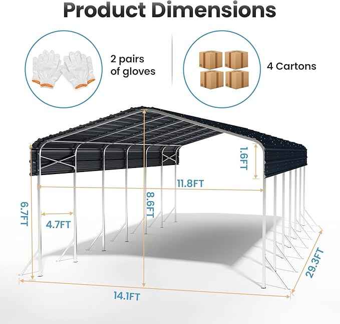 14x30ft Heavy Duty Metal Carport – Outdoor Galvanized Garage, Sturdy Structure, All-Weather Protection, Easy Assembly for Cars, Trucks, Boats, Tractors, and Outdoor Storage (Grey, 14x30FT)