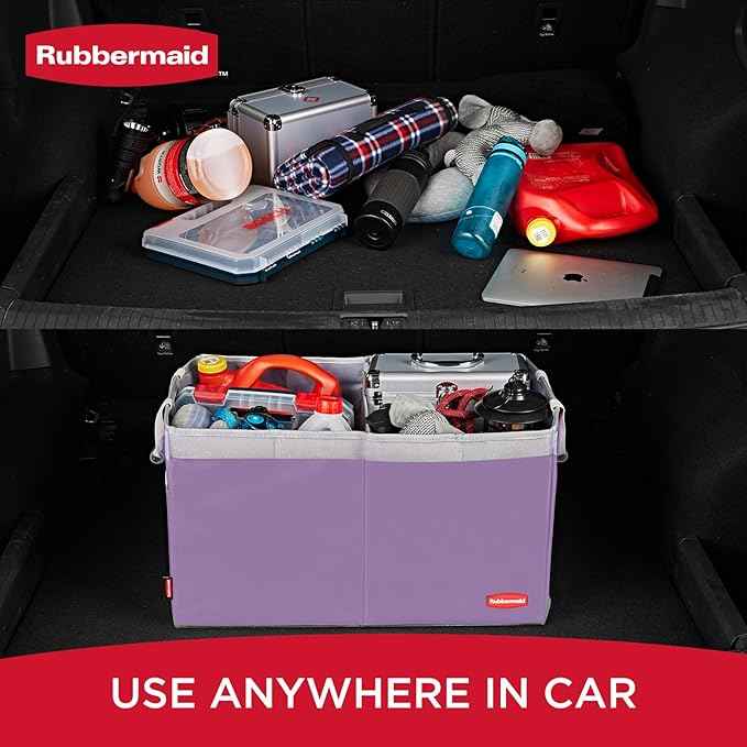 Rubbermaid Car Organizer, Collapsible Trunk Organizer, Multi-Compartment Car Storage Organization for Car Accessories, 2 Compartments With Cover, 21.65"*14.17"*12.2" - Purple