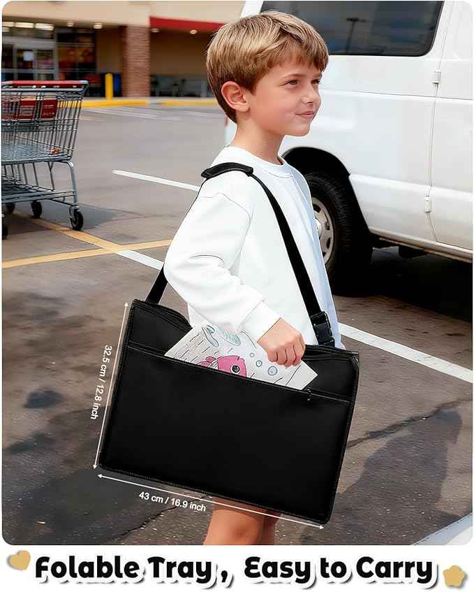 Leather Kids Travel Tray for Car - Car Seat Tray for Kids Travel, Road Trip Essentials, Carseat Table for Roadtrip Activities - Must Have Toddler Lap Desk Organizer for Airplane (Black)